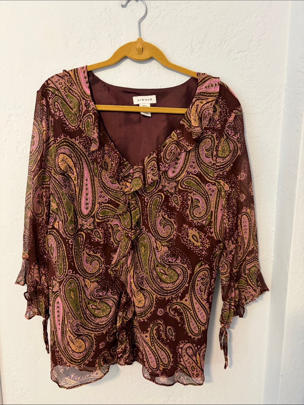 Avenue Paisley V-Neck Blouse in Burgundy, Pink and Olive